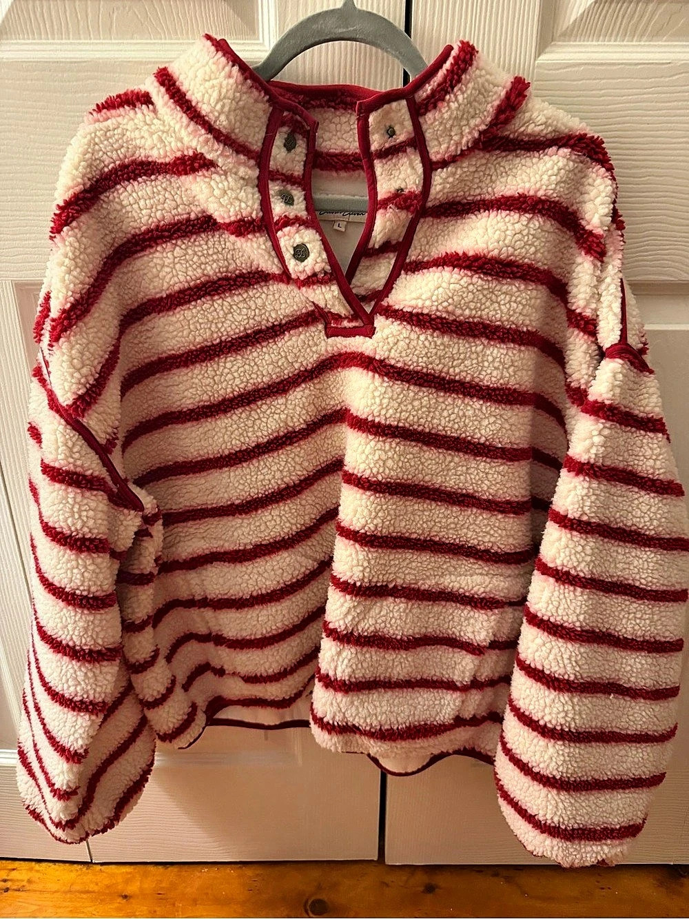 Eleven Striped Sherpa Pullover in White & Red-NWOT